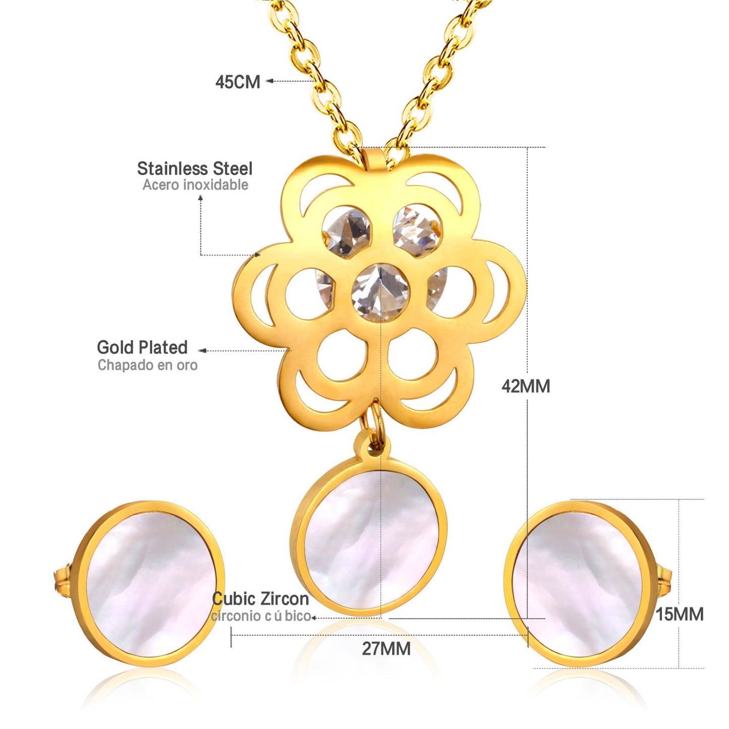 Golden Flower with Round Pendant Surface Set with Seashells Jewelry asonjewelry
