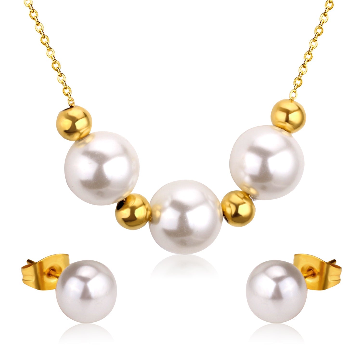 Gold/Steel Three White Pearls + 4 Gold Beads Jewelry Set asonjewelry