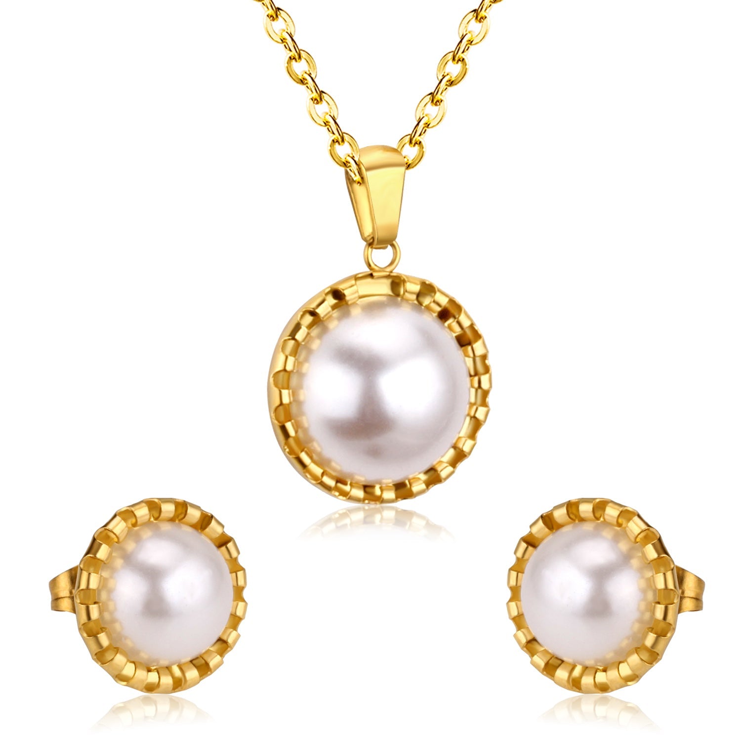 Gold/steel half pearl standing on top of round cake jewelry set asonjewelry