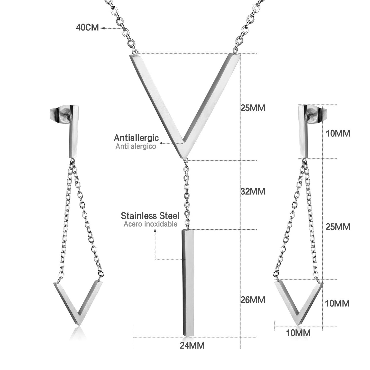 Steel/Gold/Rose Gold Glossy V-Shape Jewelry Set asonjewelry