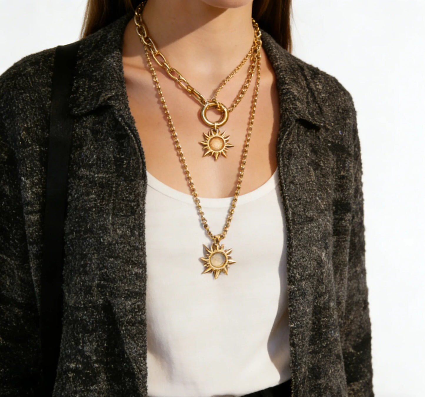 Openwork Sun Necklace Steel Gray & Gold - Asonjewelry