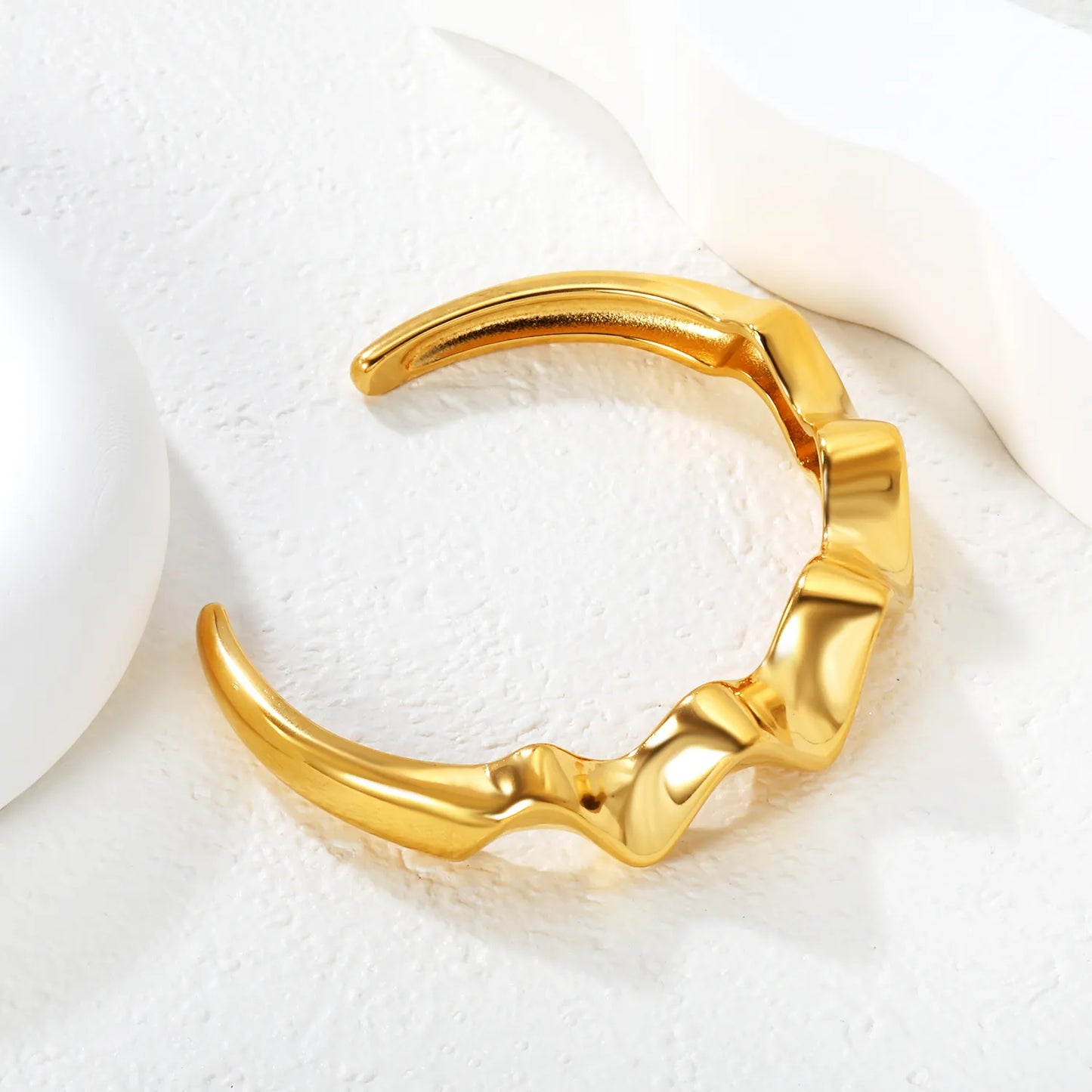 Width 14mm, inner diameter 60mm, irregular smooth textured wave silk satin bracelet, gold color - Asonjewelry