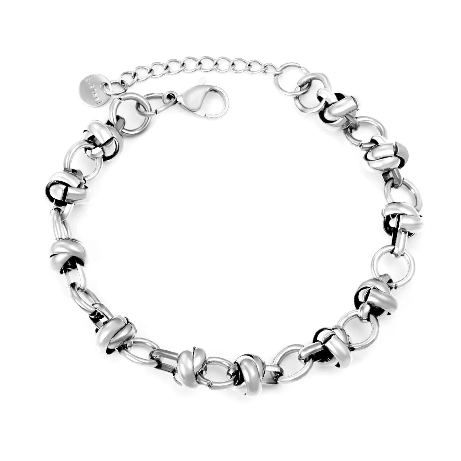 Width 8mm, thickness 1.5mm, braided chain, 18+3cm+6mm round end tag, bracelet, steel color/golden asonjewelry