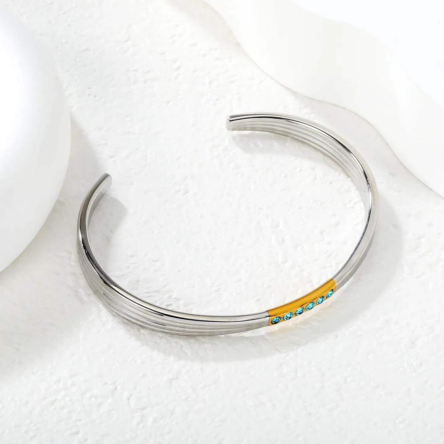 Gold & Two-Tone Gold Bangle 7mm Width * 60mm Inner Diameter with 6 Glued Blue Crystals Women Elegant Daily Casual Party Fashion Jewelry asonjewelry