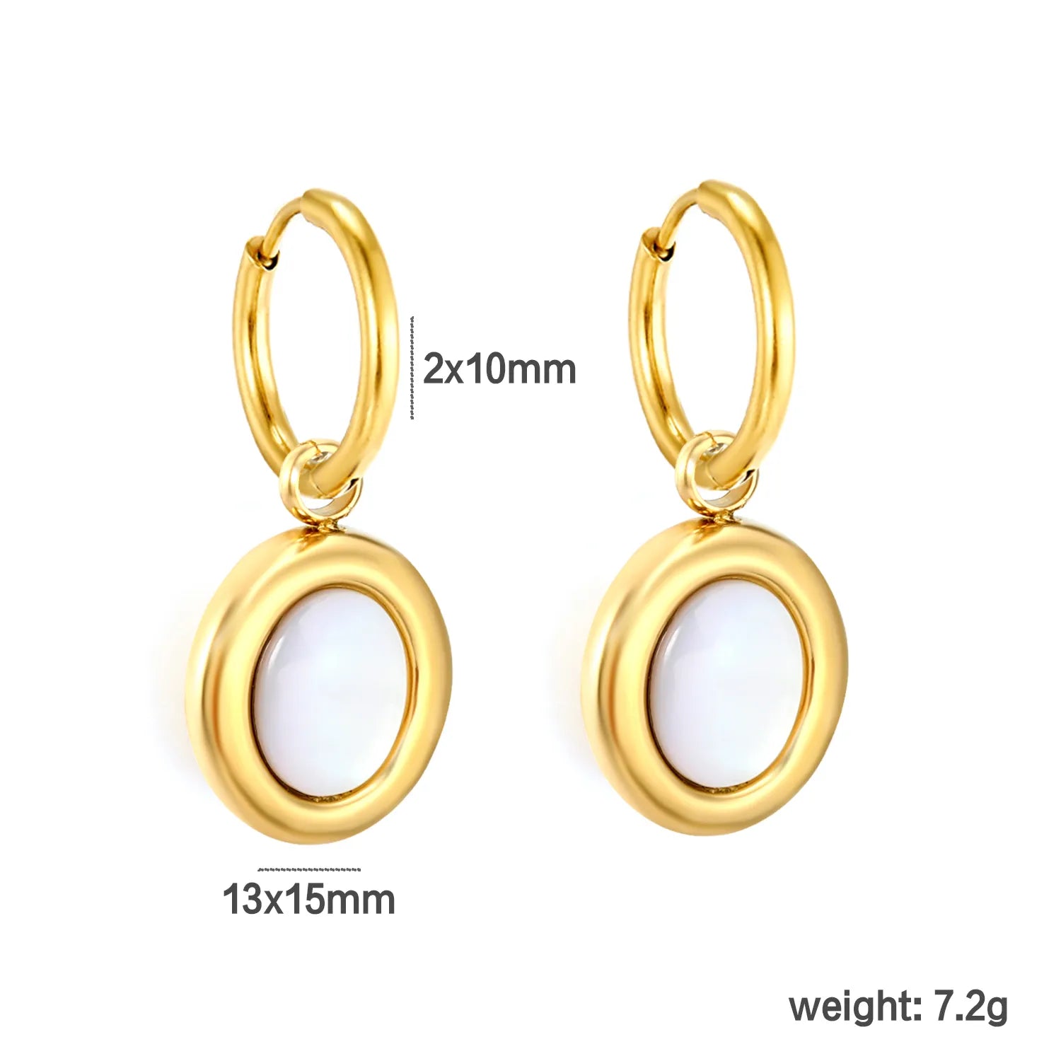 Earrings 2.0*10mm inner diameter, ear clasp 12*15mm/13*15mm, oval flat white mother-of-pearl, steel/gold color asonjewelry