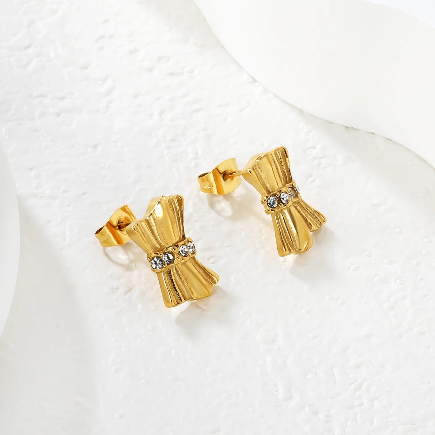 10*15mm Gold Plated Bow Stud Earrings with Sparkling Rhinestones Minimalist Modern Lightweight Everyday Wear Versatile Fashion Jewelry for Women asonjewelry