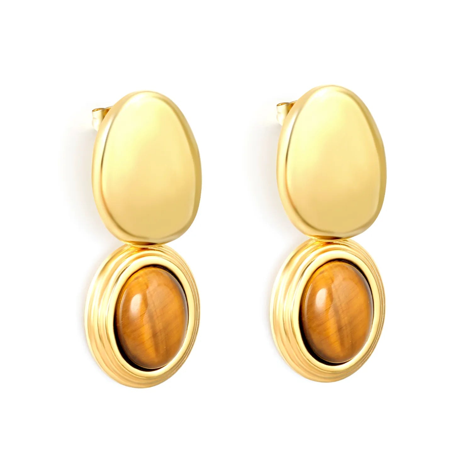 13*18mm smooth oval + 14*17mm Tiger's Eye Stone Oval Earrings Gold Plated Alloy Minimalist Modern Lightweight Everyday Wear Versatile Fashion Jewelry for Women asonjewelry