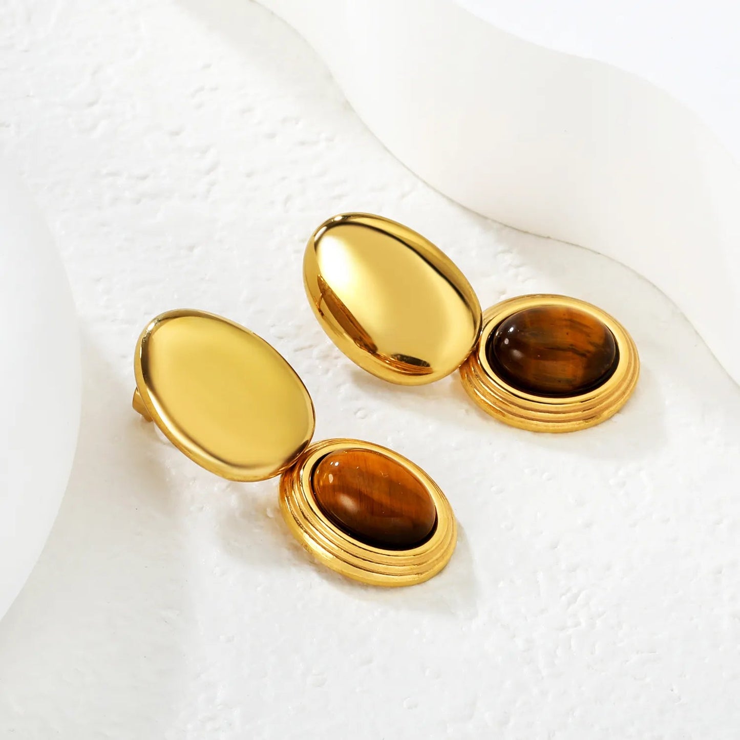 13*18mm smooth oval + 14*17mm Tiger's Eye Stone Oval Earrings Gold Plated Alloy Minimalist Modern Lightweight Everyday Wear Versatile Fashion Jewelry for Women asonjewelry