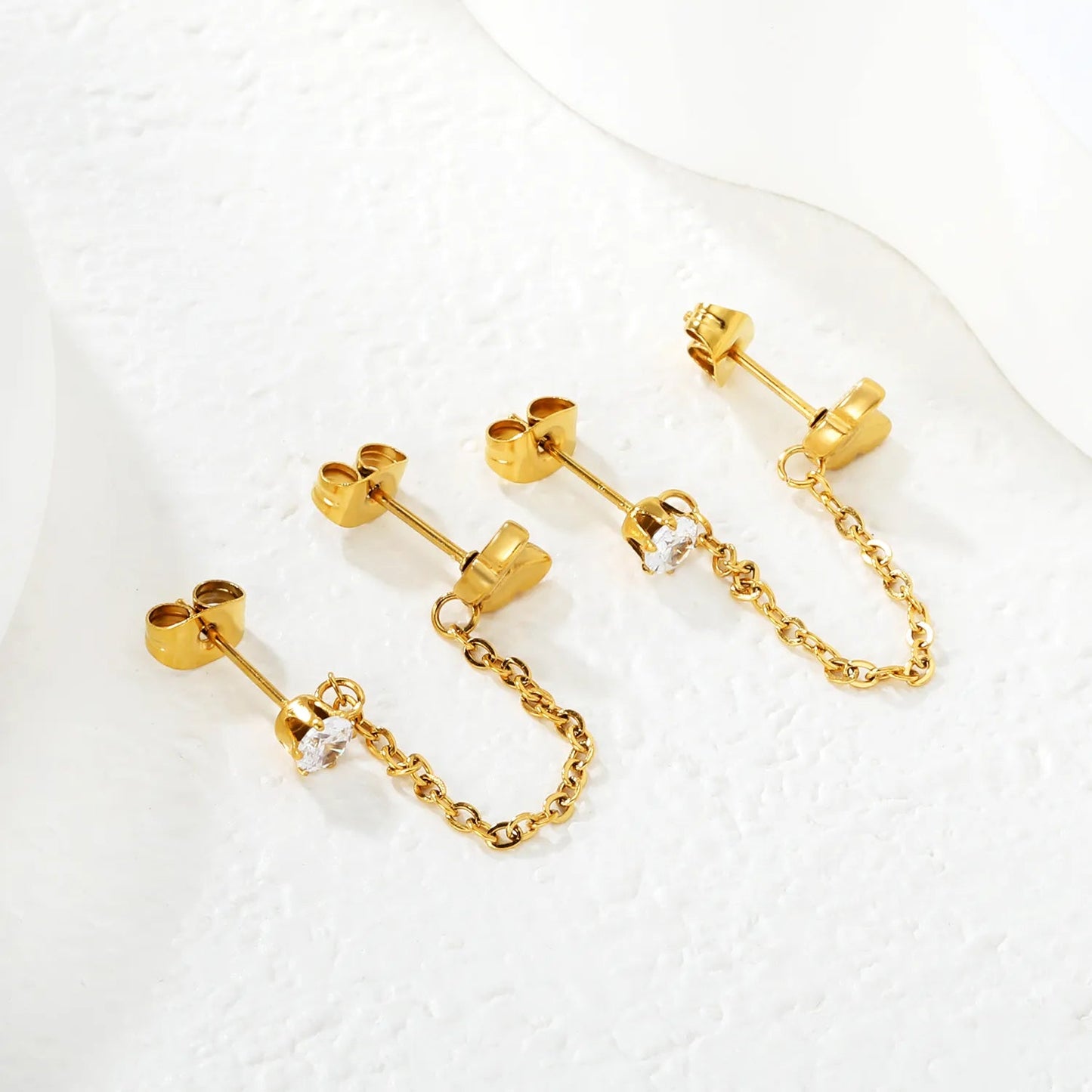 Earrings 6*7mm butterfly + 0.4mm cross chain 4cm + 4mm prong white zircon (double earrings) gold asonjewelry