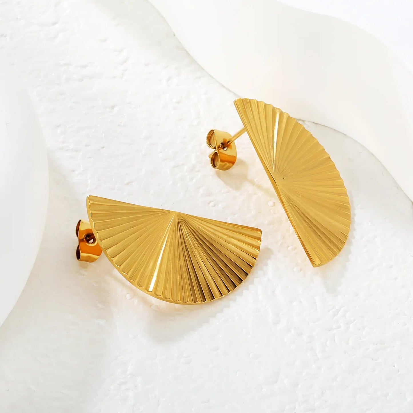 15*30mm Gold Plated Laser-Engraved Fan Shape Earrings Left Right Asymmetrical Minimalist Modern Lightweight Everyday Wear Fashion Jewelry asonjewelry