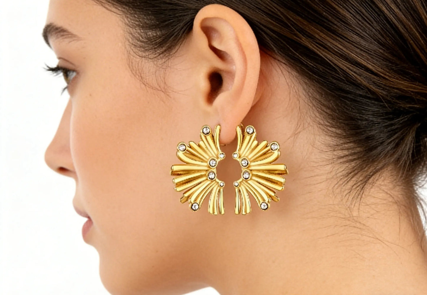 Gold Fan Shaped Diamond Stud Earrings 17*25mm Sparkly Inlaid Diamond Fashion Earrings for Women Daily Wear Party Jewelry Accessory asonjewelry