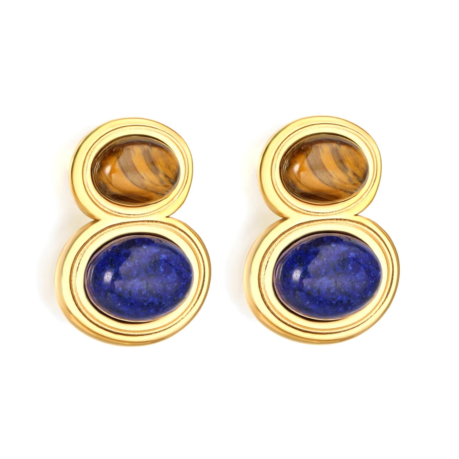 Gold Tiger Eye & Lapis Lazuli Stud Earrings 15*21mm Natural Stone Inlaid Earrings for Women Daily Casual Office Party Wear Fashion Jewelry asonjewelry