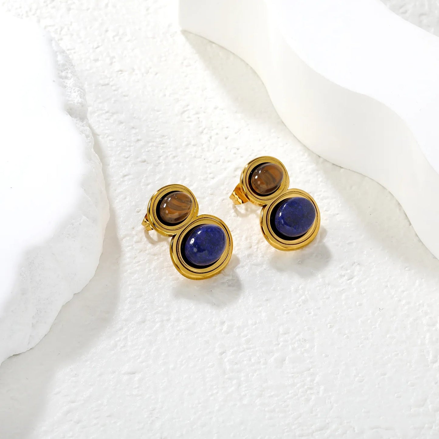 Gold Tiger Eye & Lapis Lazuli Stud Earrings 15*21mm Natural Stone Inlaid Earrings for Women Daily Casual Office Party Wear Fashion Jewelry asonjewelry