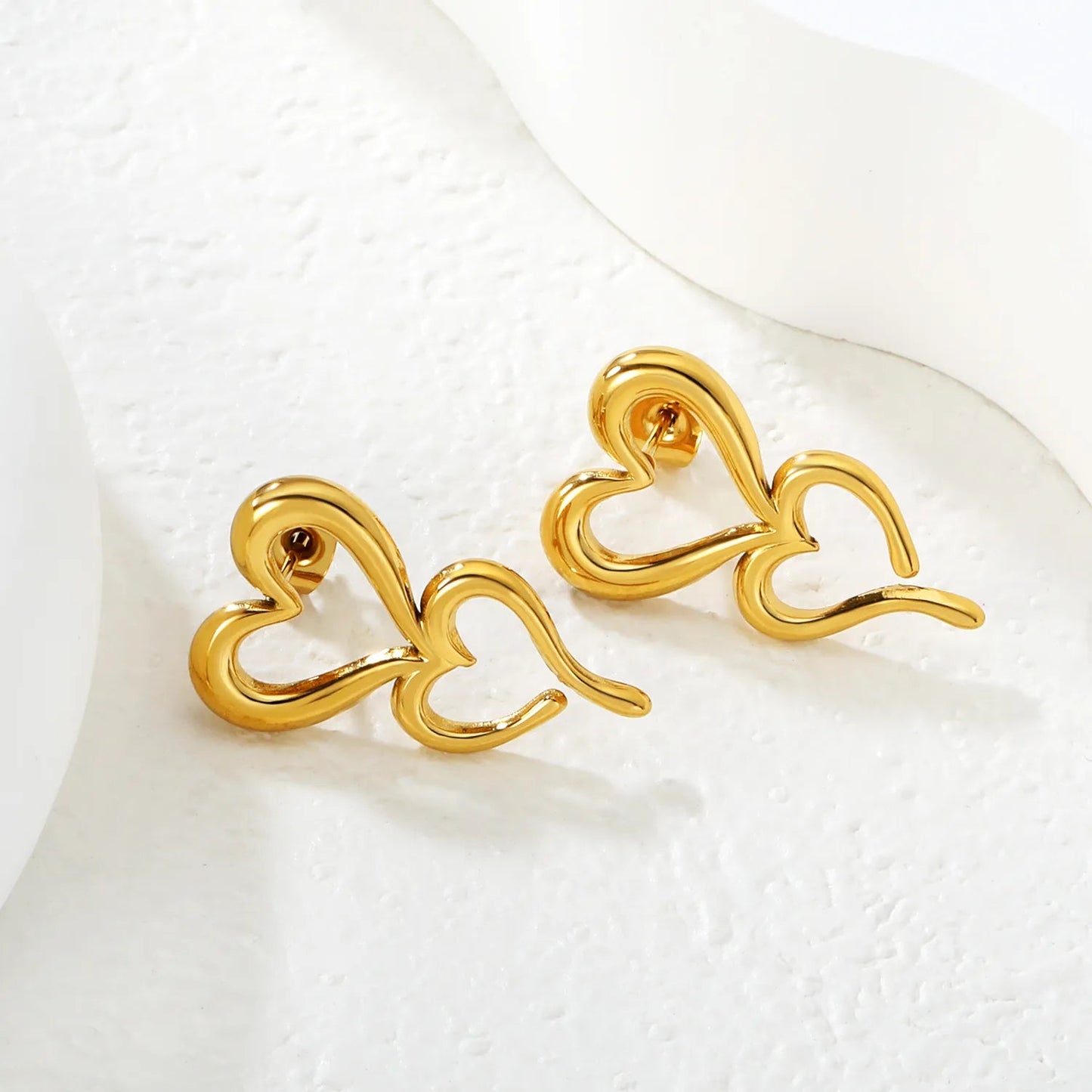 Gold Hollow Double Heart Stud Earrings 16*26mm Left Right Distinct Design Earrings for Women Daily Casual Office Party Wear Fashion Jewelry asonjewelry