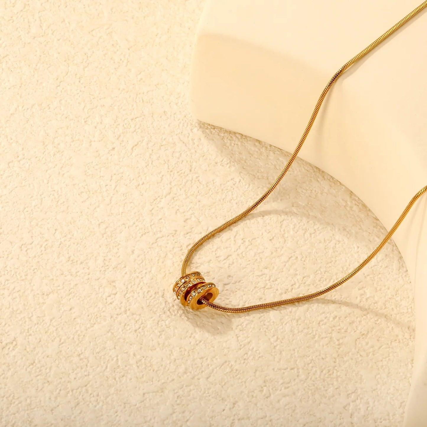 2*8.64mm hollow three-ring set with diamonds 1.2mm round snake chain 40+5+6mm round tail pendant necklace in gold asonjewelry