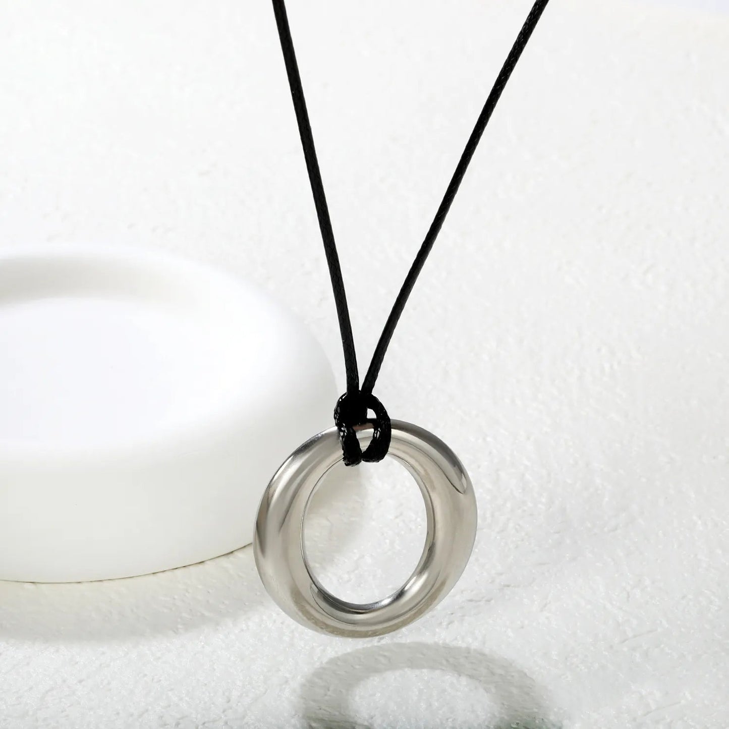 35mm Hollow Circle Pendant 45+5cm+6mm Round Plaque Leather Strap Necklace Steel/Gold asonjewelry