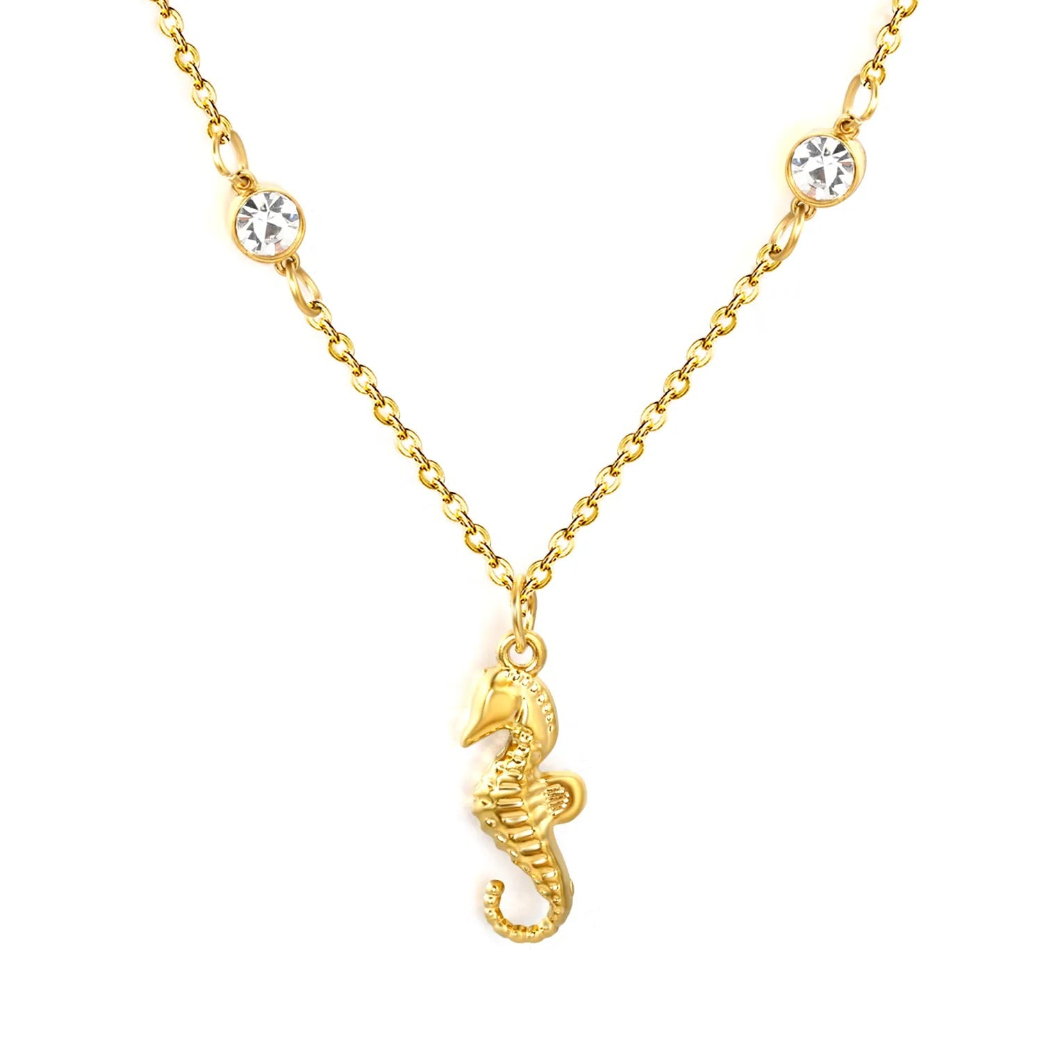 7.6*18mm sea horse pendant with double round diamonds, 0.4 cross chain, 45+5cm+6mm round tail tag, necklace, gold asonjewelry