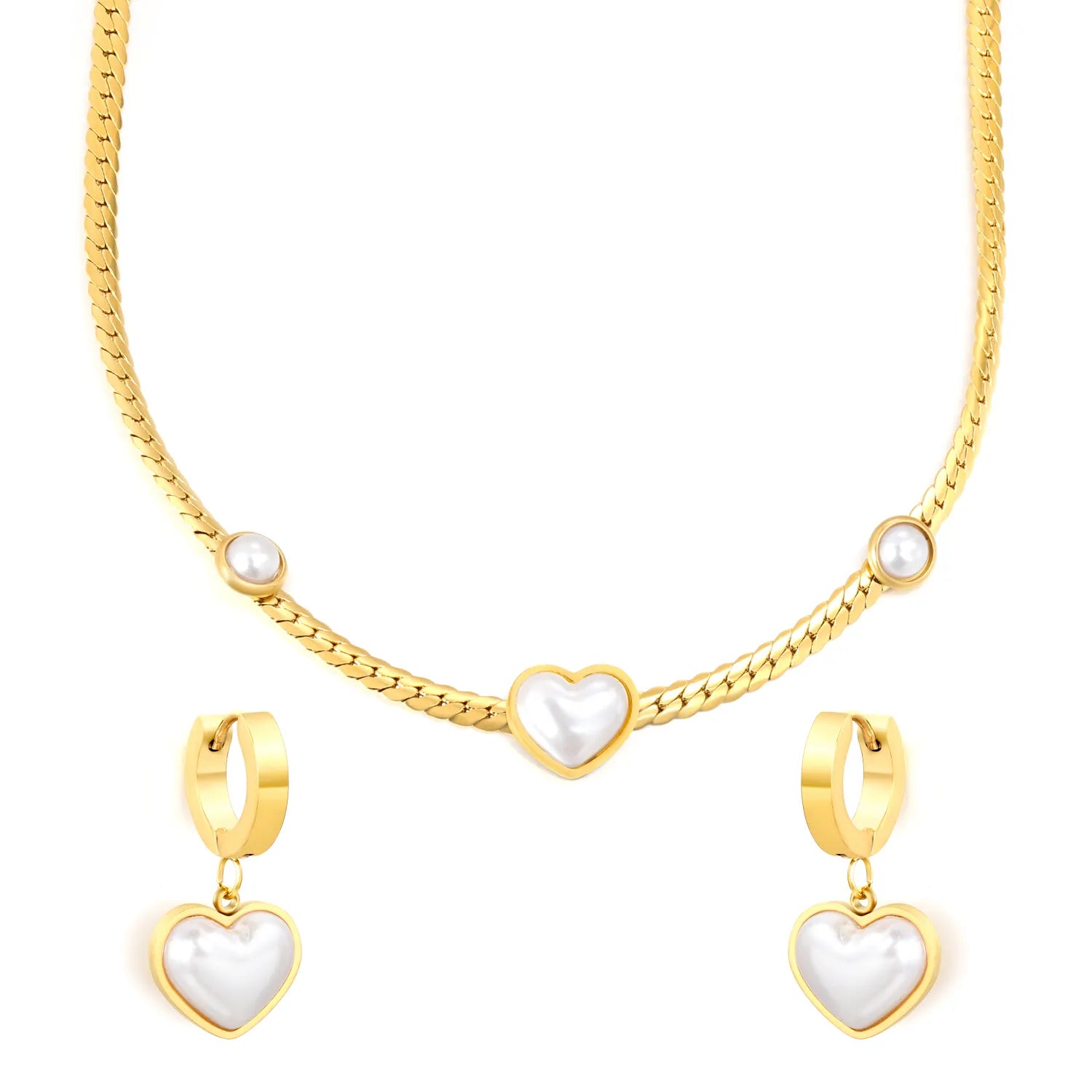 (Same as LPS50301G) Heart-Shaped Pearl Necklace and Earring Set in Gold - Asonjewelry