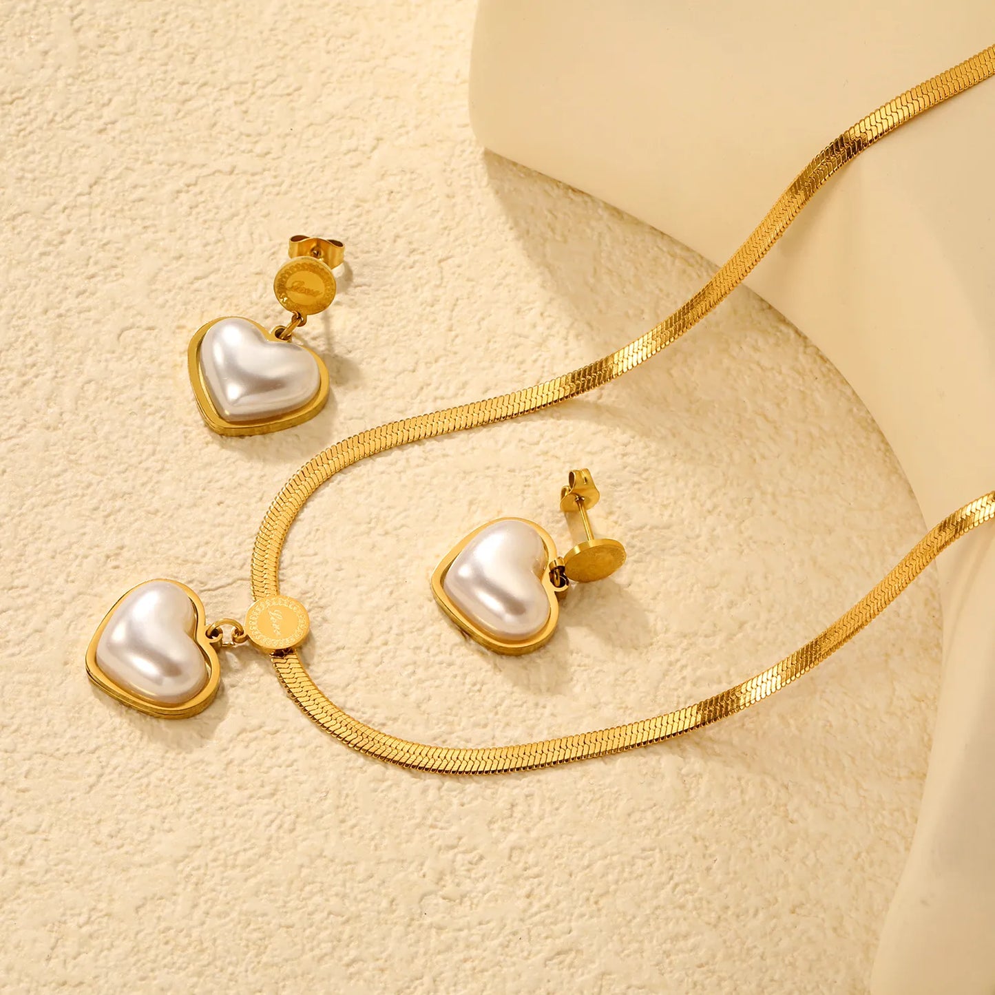 Elegant Gold Plated Pearl Heart-Shaped Necklace and Earring Set Hypoallergenic Jewelry for Women Perfect for Wedding Party and Daily Wear - Asonjewelry