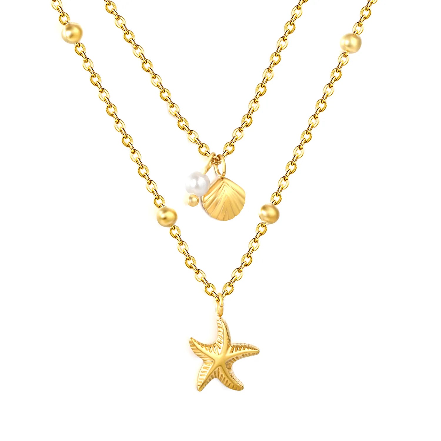 Pearl Shell Starfish Double Chain with Pearl Clasp Necklace, Gold - Asonjewelry