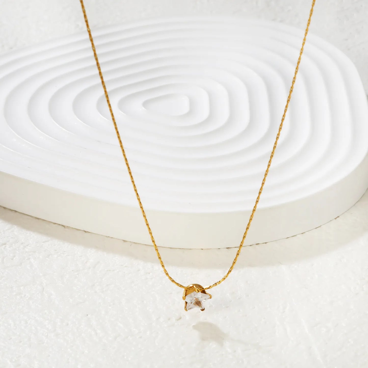Necklace: 0.3mm solid chain with cross-link design, 40+5cm length + round pendant Gold-tone 6mm pentagram pendant with white zirconia stones - Asonjewelry