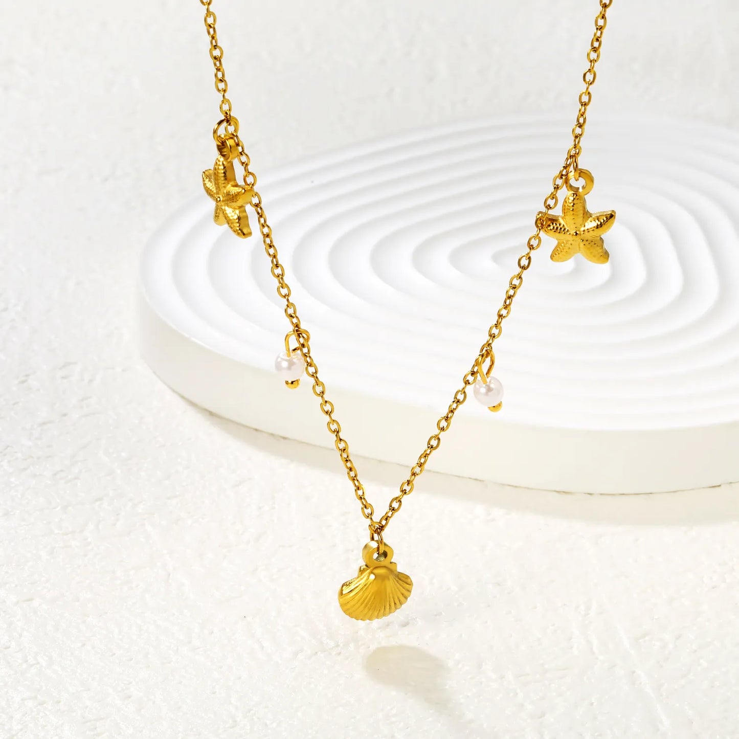 Shell Star Pearl Cross Chain Necklace in Gold - Asonjewelry