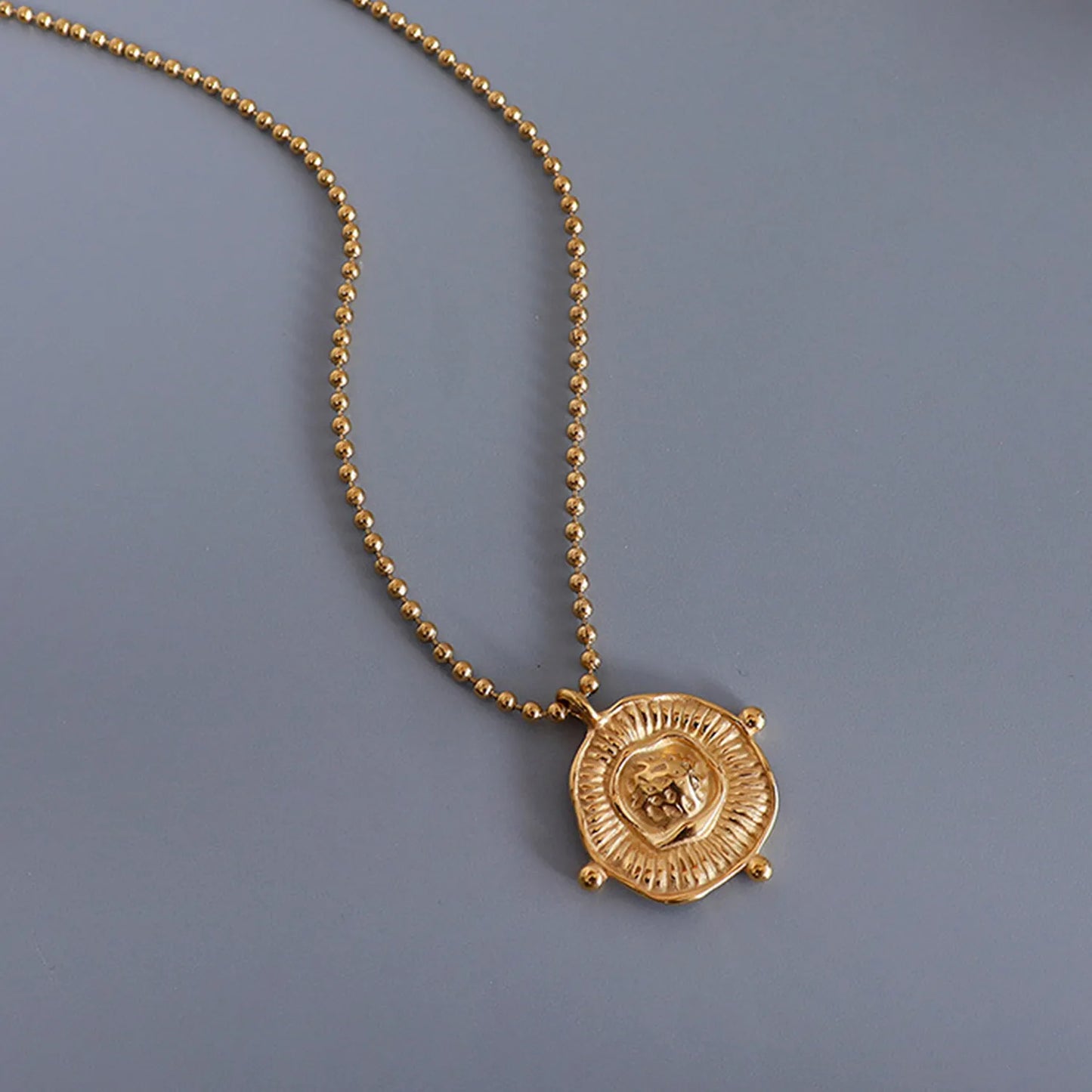 Irregular Round Pendant Necklace Gold 2mm Bead Chain 40+5cm + 4.5*8.6cm Oval Tag Pendant 23*25mm