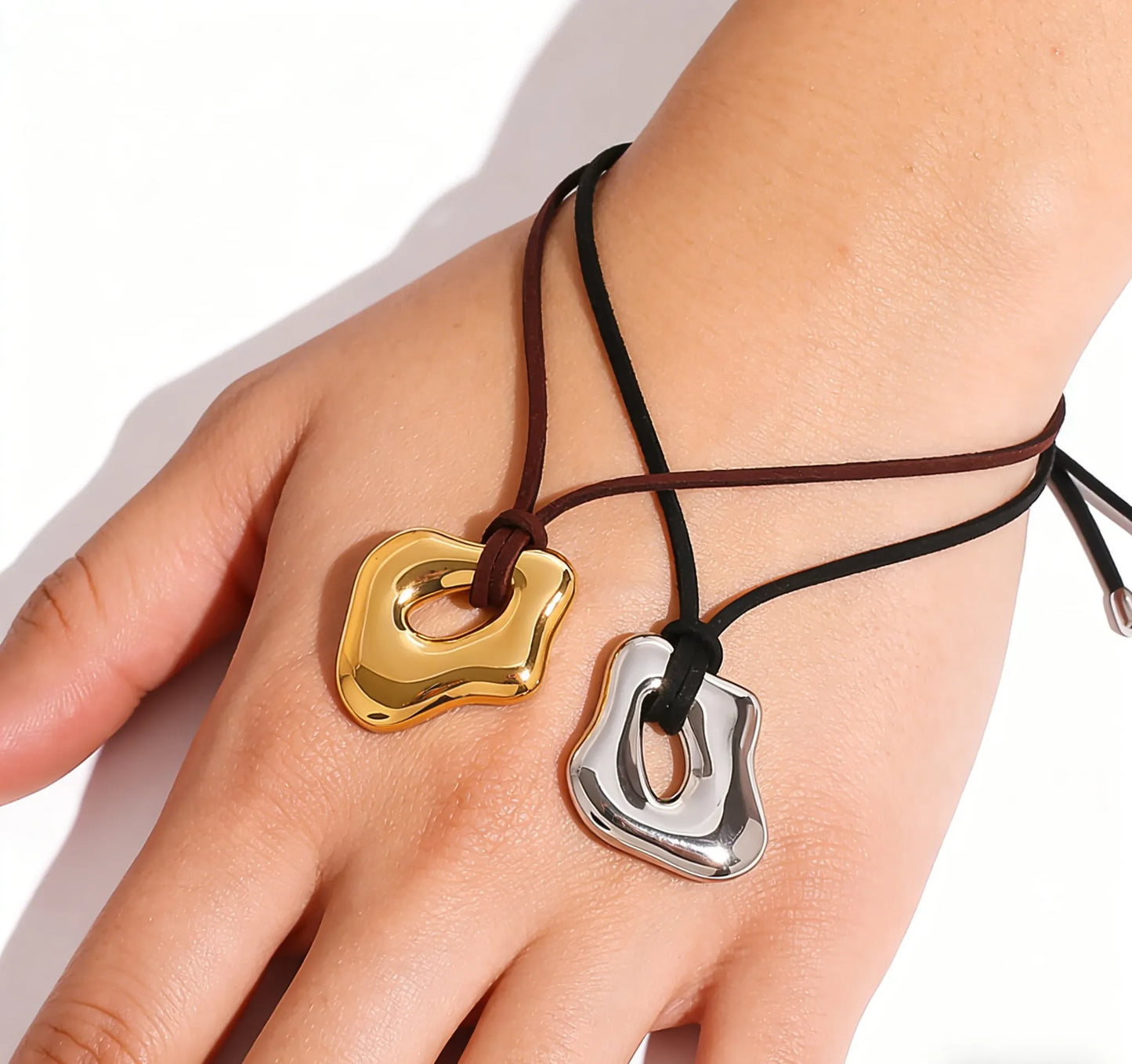 35*41mm Openwork Irregular Pendant Sliding Chain Necklace Gold/Steel Finish Brown Leather Cord 120cm