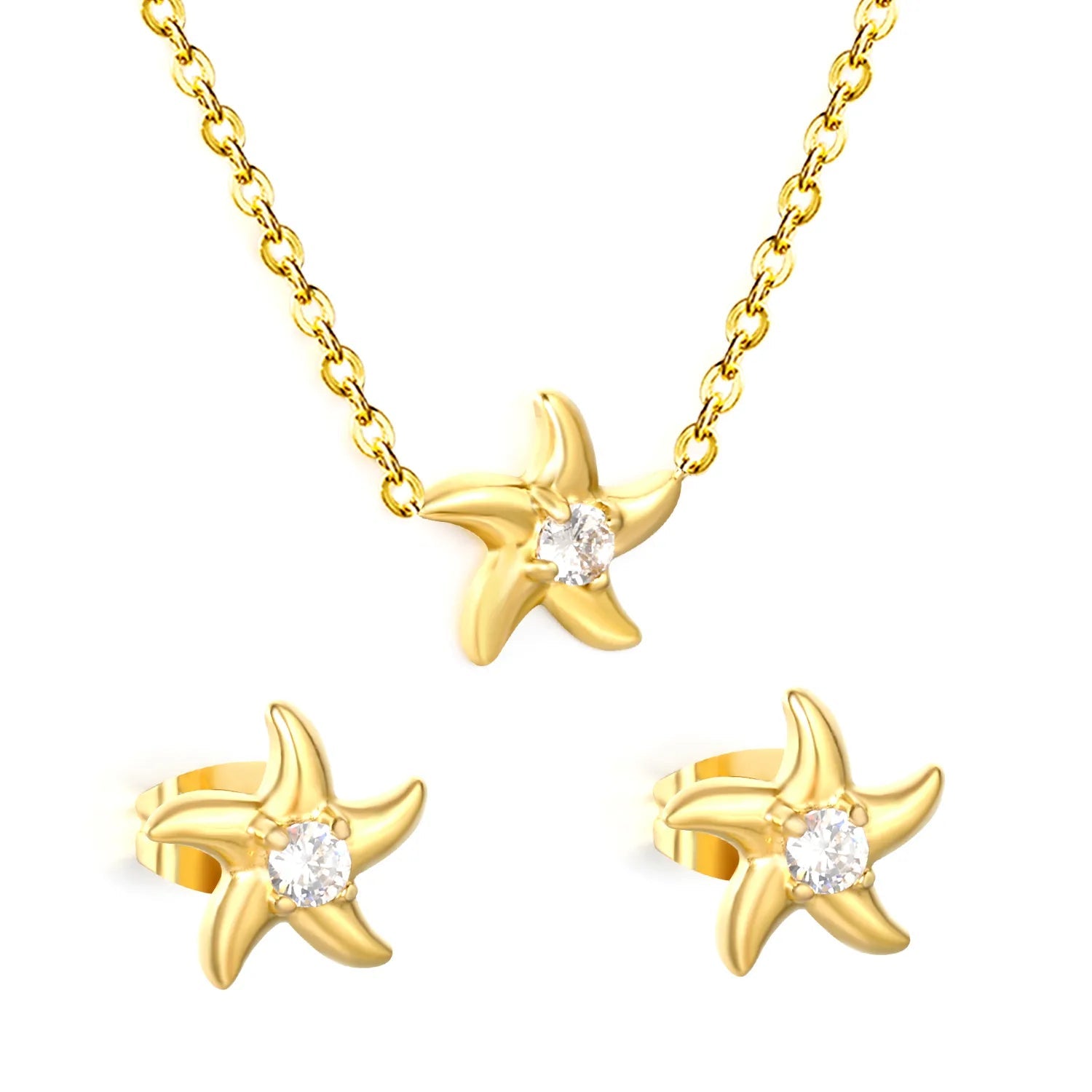 Starfish Inlaid Stone Jewelry Set 0.35 Cross Chain 40+5cm with 6mm Round End Tag 9mm Earrings 9mm Pendant Steel Color Gold Color asonjewelry