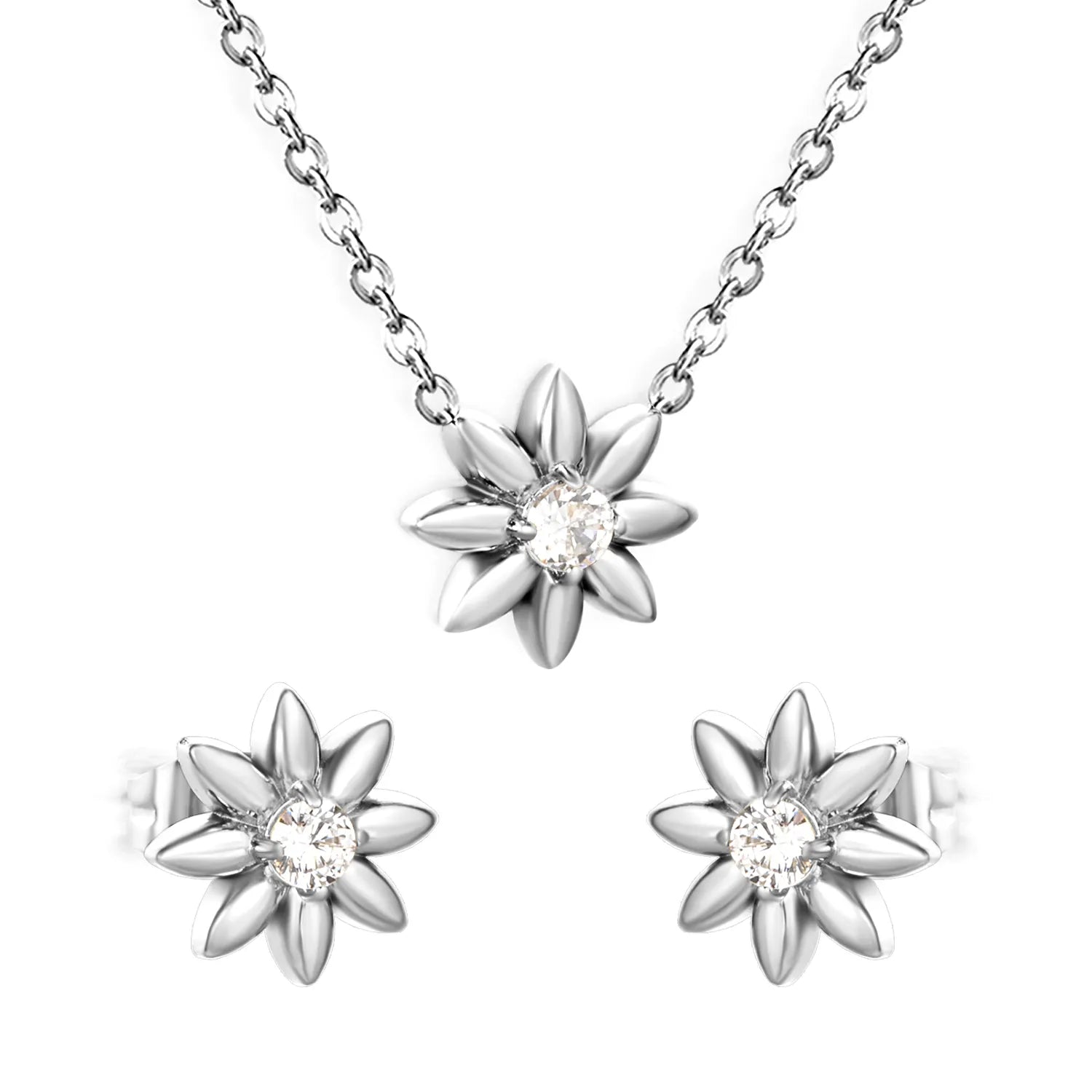 Flower Inlaid Stone Jewelry Set 0.35 Cross Chain 40+5cm with 6mm Round End Tag 10mm Earrings 10mm Pendant Steel & Gold Color asonjewelry