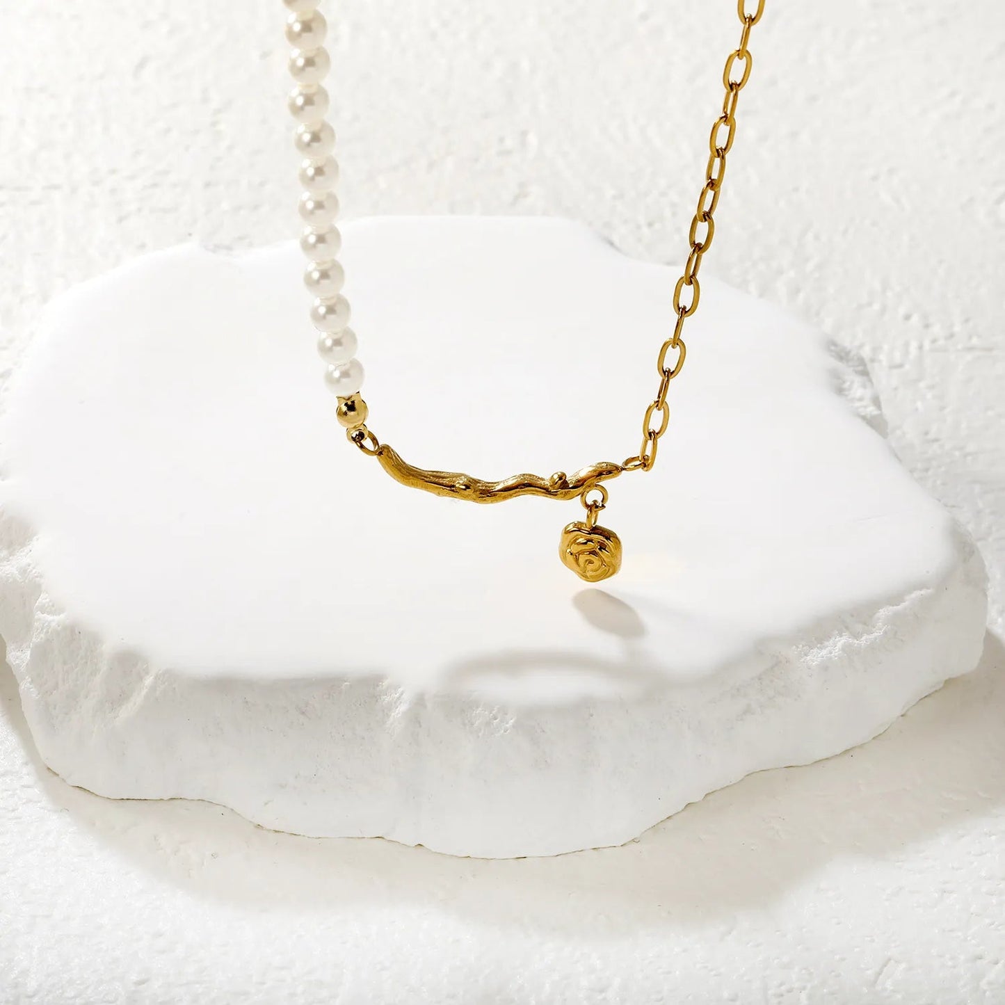 Gold Rose Pendant Necklace 4mm Pearl 25mm Branch Design 0.6 Long Hammer Cross Chain 42+5cm with 6mm Round End Tag asonjewelry