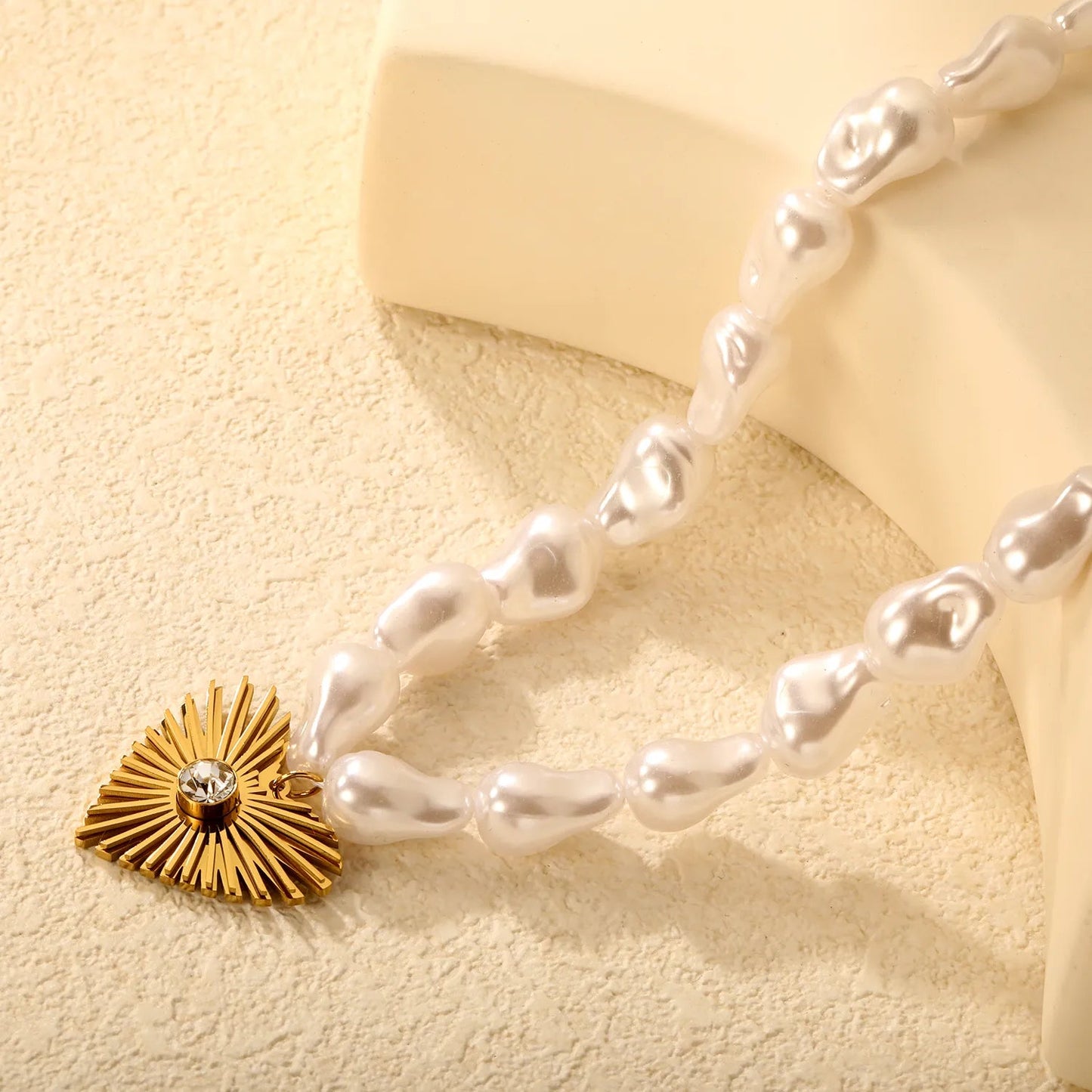 Gold Heart Diamond Inlaid Pendant Necklace 11*15mm Baroque Imitation Pearl 40+5cm Chain with 6mm Round End Tag 27.5*24mm Pendant asonjewelry