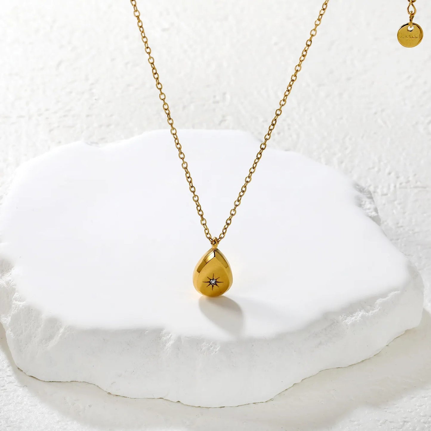 Gold Teardrop Octagram Diamond Inlaid Pendant Necklace 0.35 Cross Chain 40+5cm with 6mm Round End Tag 9.5*13mm Pendant asonjewelry