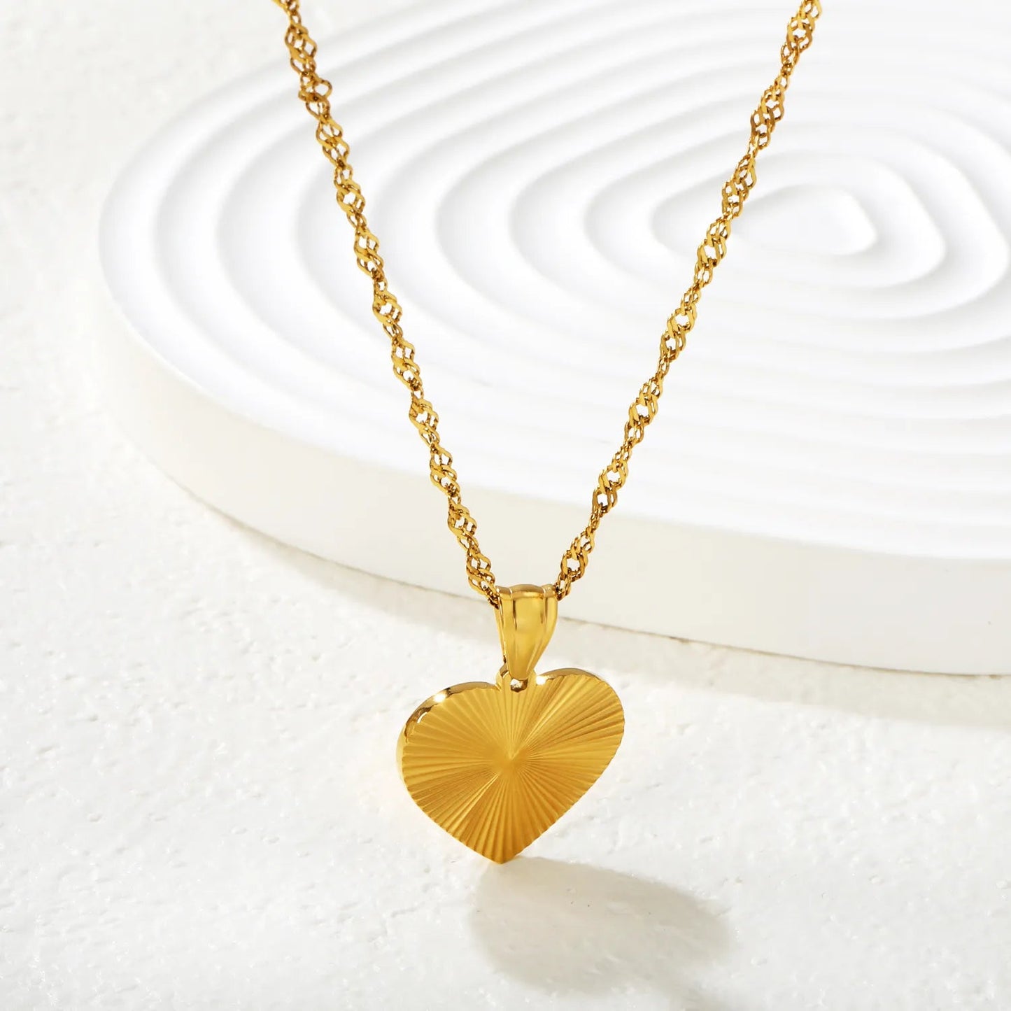 Gold Laser Heart Pendant Necklace 2mm Wave Chain 40+5cm with 6mm Round End Tag 18*16mm Laser Heart Charm asonjewelry