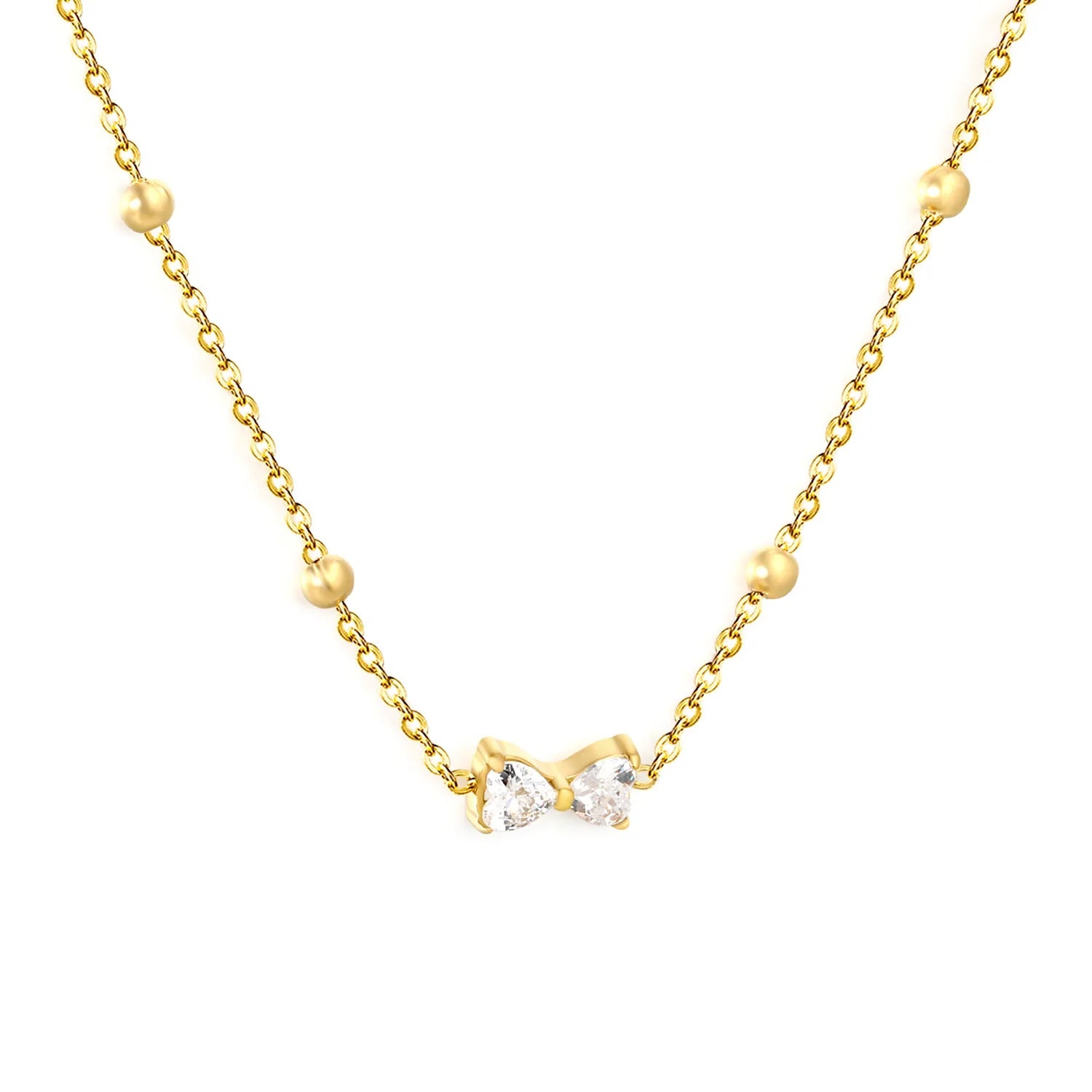 Bowknot White Zircon Inlaid Pendant Necklace 0.35 Cross Chain 40+5cm with 6mm Round End Tag 9*5mm Pendant Steel & Gold Color asonjewelry