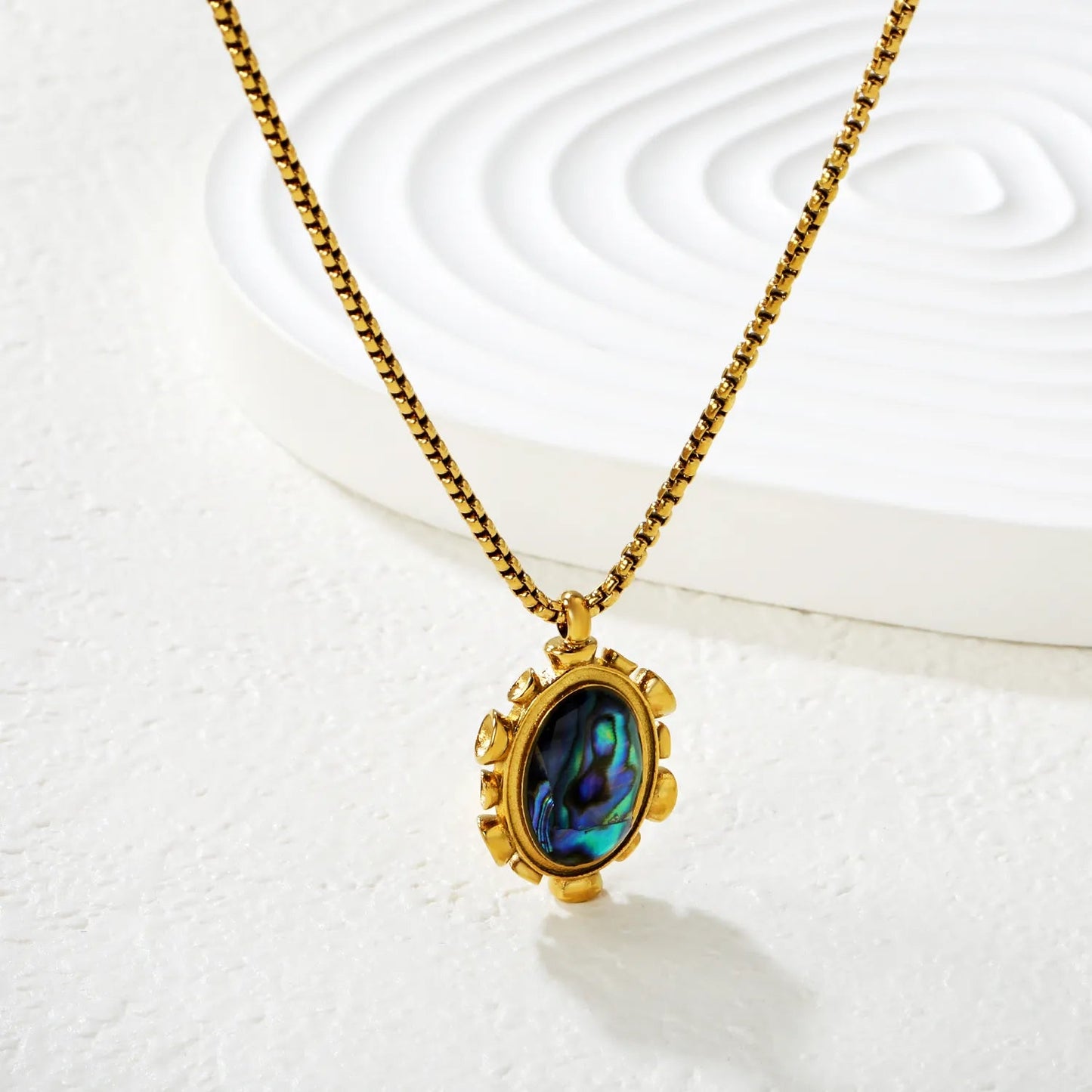Gold Blue Oval Abalone Shell Pendant Necklace 1.8mm Square Pearl 40+5cm Chain with 6mm Round End Tag 16*21mm Pendant asonjewelry