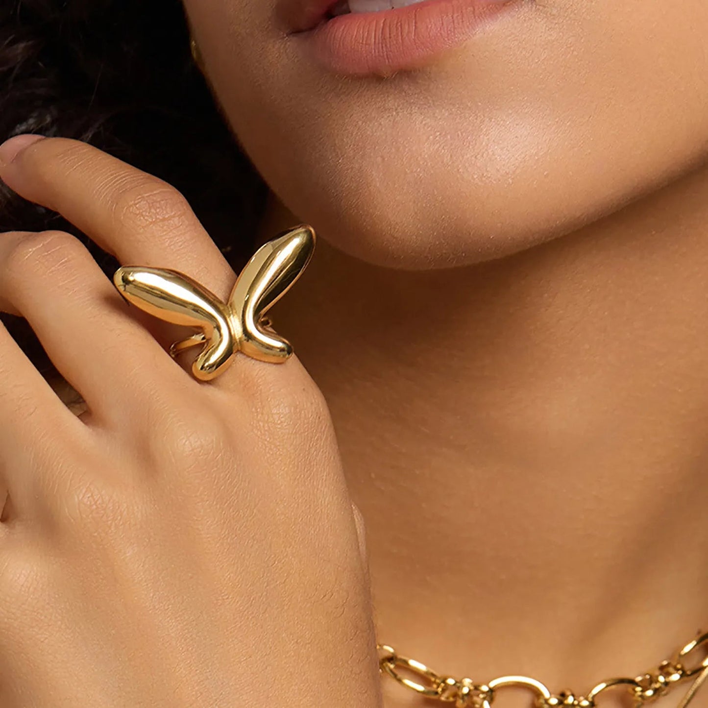 37*23mm Butterfly Adjustable Ring Steel Gray/Gold Size 7 asonjewelry