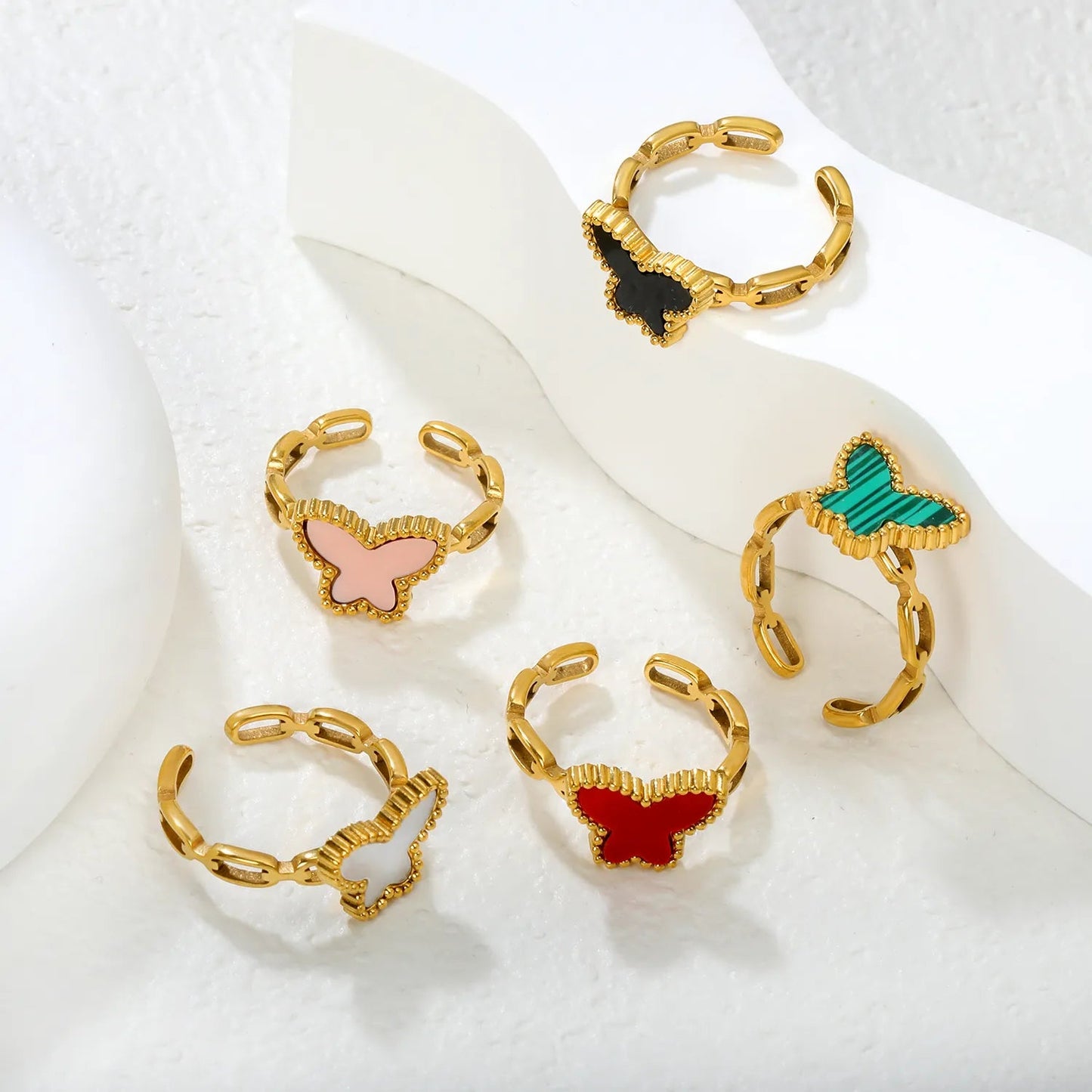 10.7mm high butterfly-shaped agate/crimson acrylic/white shell/black acrylic/pink shell open ring in gold #7 asonjewelry