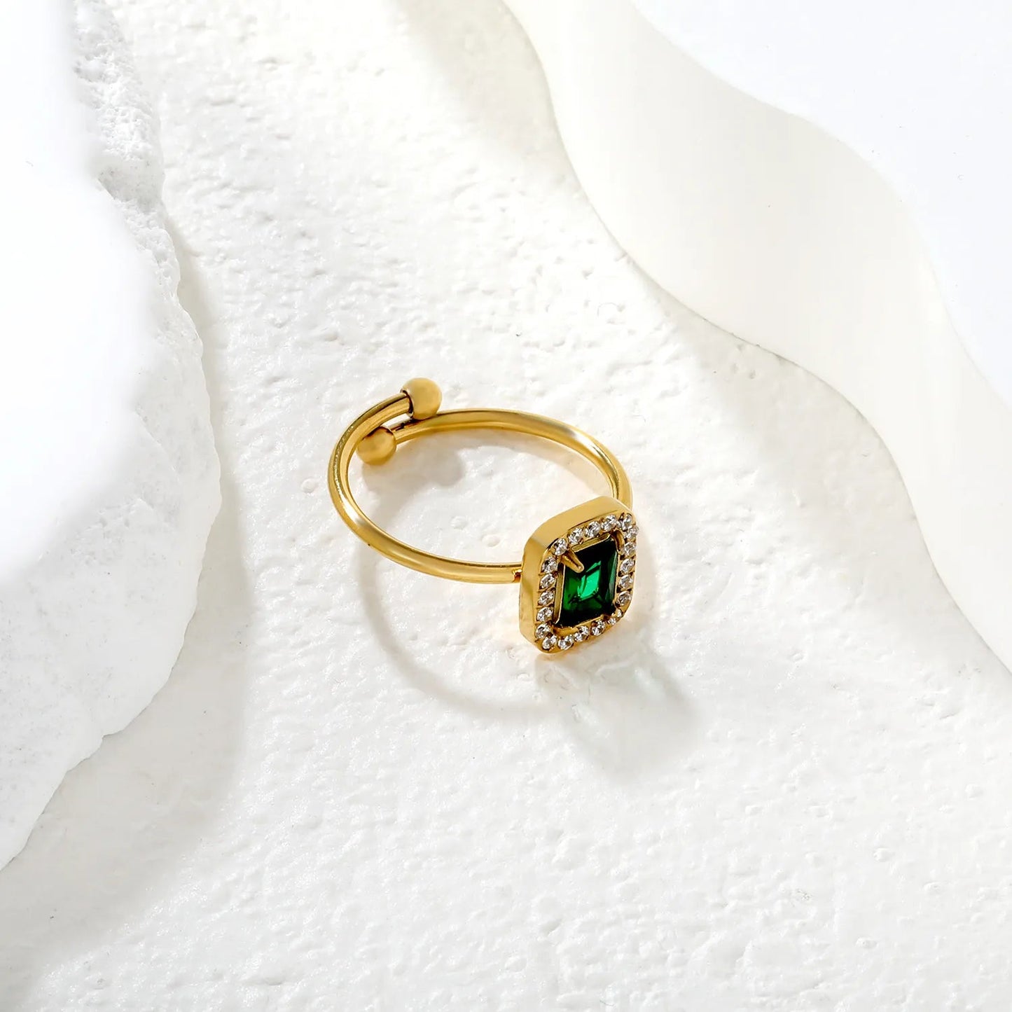 Gold Open Cuff Solitaire Ring Size #8 Height 11mm CNC Inlaid White Zircon & Green Diamond Elegant Fashion Ring for Women Daily Casual Party Wear Jewelry asonjewelry