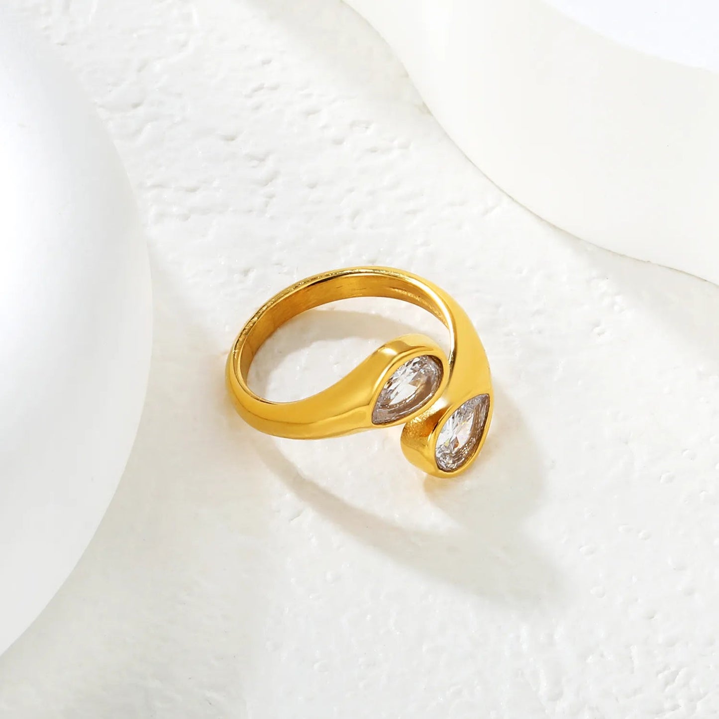 Gold Open Cuff Ring Size #7 With 7mm Teardrop White Zircon Elegant Zircon Inlaid Minimalist Ring for Women Daily Casual Party Wear Fashion Jewelry asonjewelry