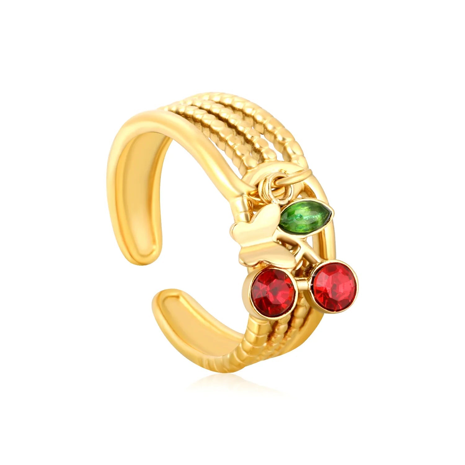 8mm high butterfly + cherry + heart shape + octagonal star + glossy moon + red droplet peach tassel accessory Open ring Gold Size 7# asonjewelry