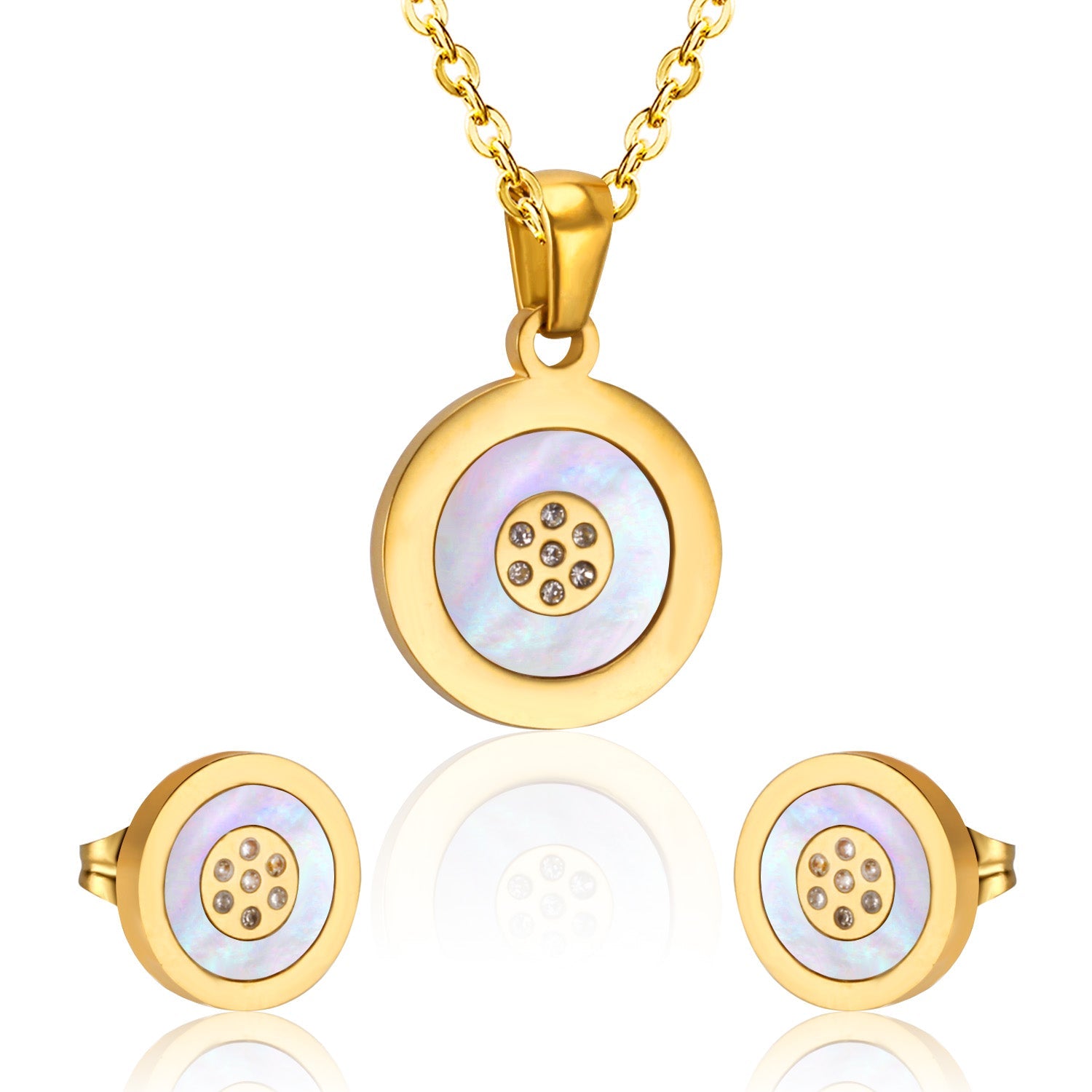 Steel/Gold Cut and Glue White Round Shells Jewelry Set asonjewelry