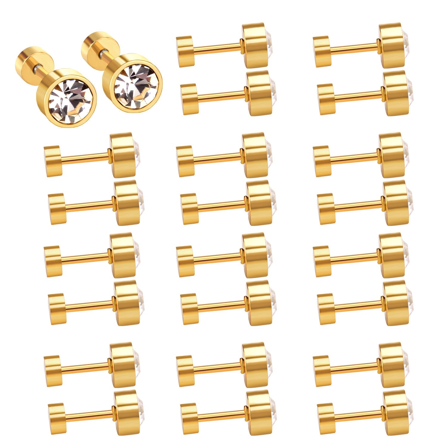 3mm~6mm Steel & Gold Cylindrical White Diamond Screw Plugs asonjewelry