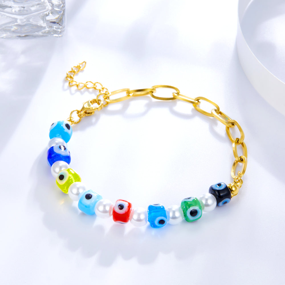 Stainless Steel Half With Chain Half Pearls and Eyes Accessories Bracelet asonjewelry