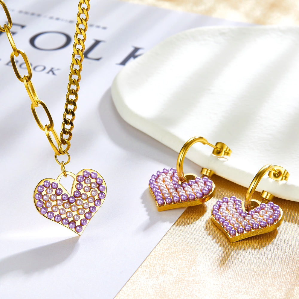 Purple Mix White Pearl Heart-shaped Jewelry Set asonjewelry