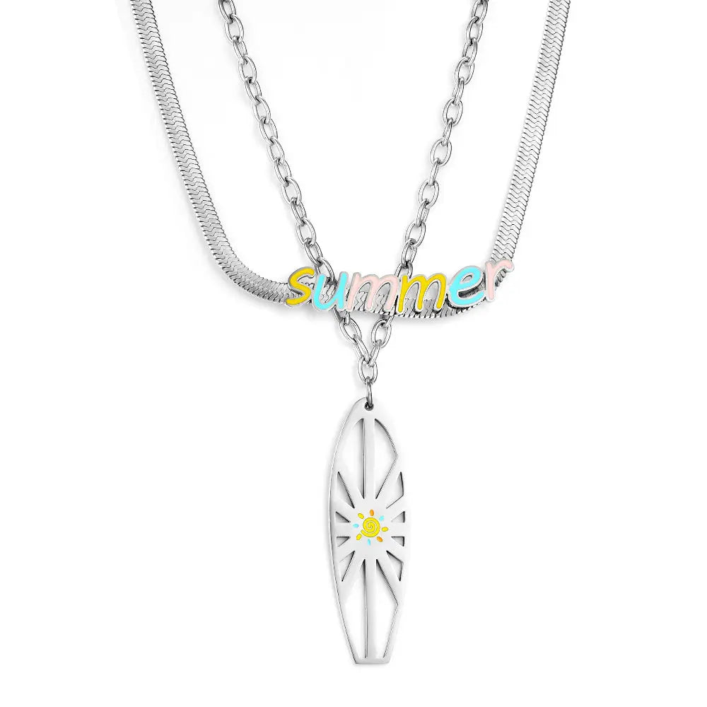 Summer Mixed Color Letters+Shield Double Chain Necklace asonjewelry