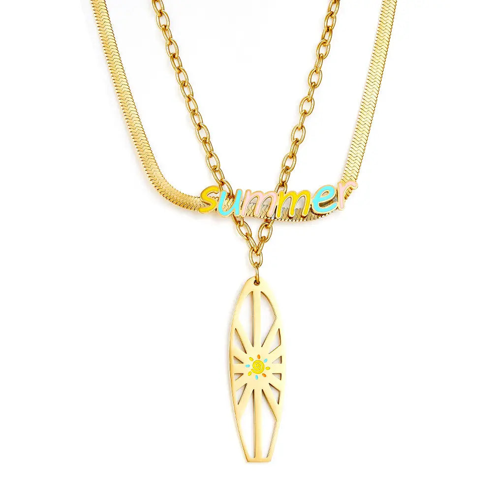 Summer Mixed Color Letters+Shield Double Chain Necklace asonjewelry