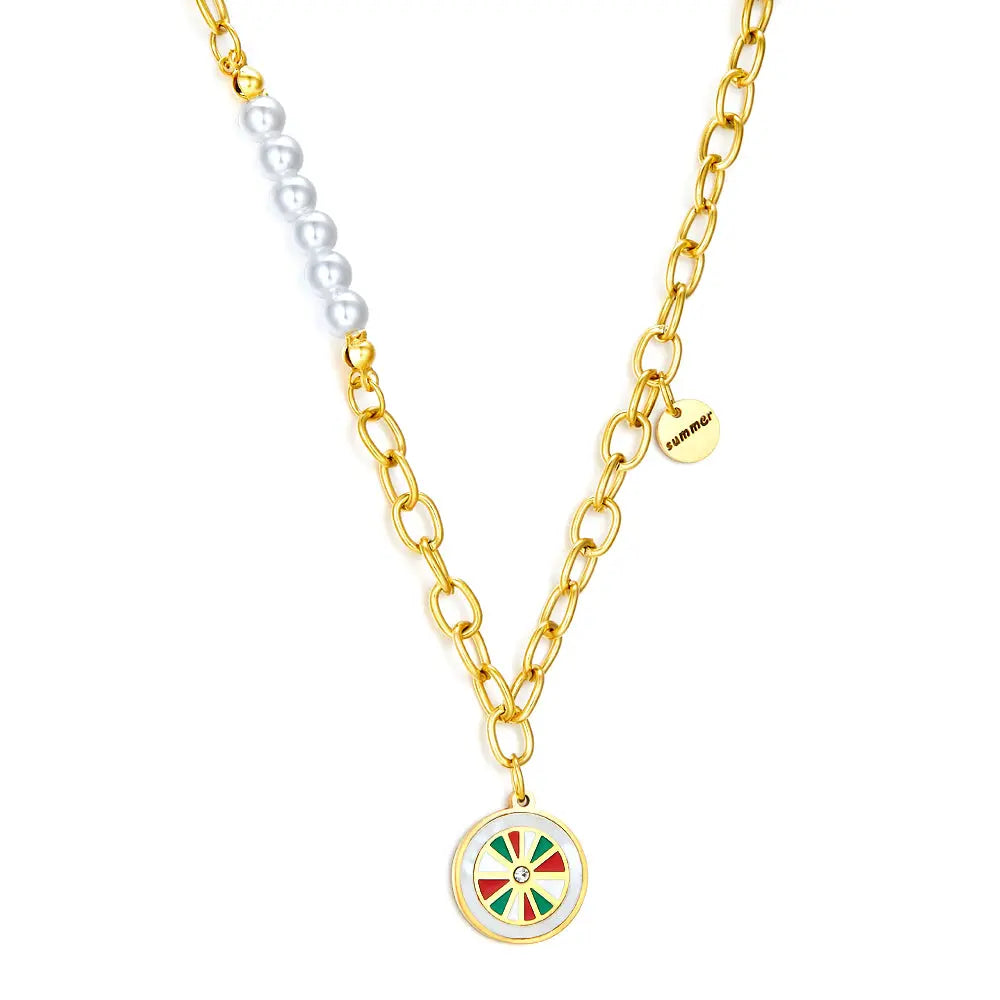 Round Accessories With Mixed Color Drop Oil With Diamond+Round Accessories+White Pearl Necklace asonjewelry