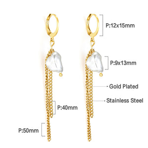 Circle With White Exotic Pearls With Two Chains Earrings
