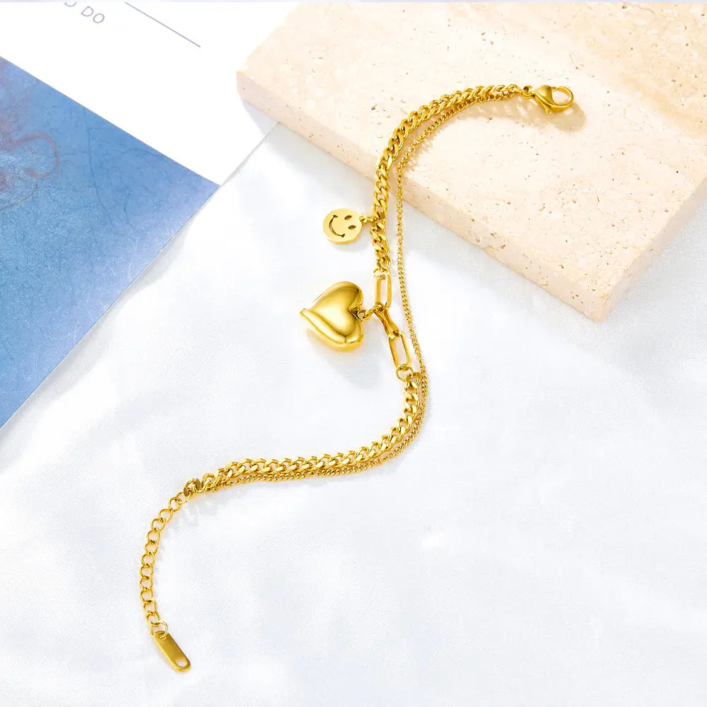 Stainless Steel Heart-shaped and Smiley Face Accessories Double Bracelet asonjewelry
